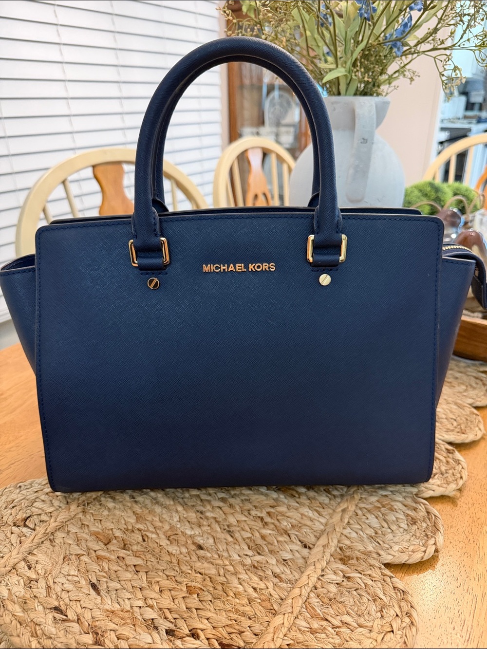 Michael Kors Navy Saffiano Satchel (30S3GLMS7L) with Gold Hardware